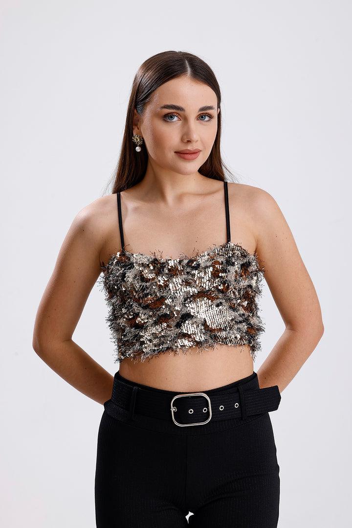 SNS Sense Gold-Coffee Back Zippered Gloplu Strapped Sequined Bustier - Tlaquepaque