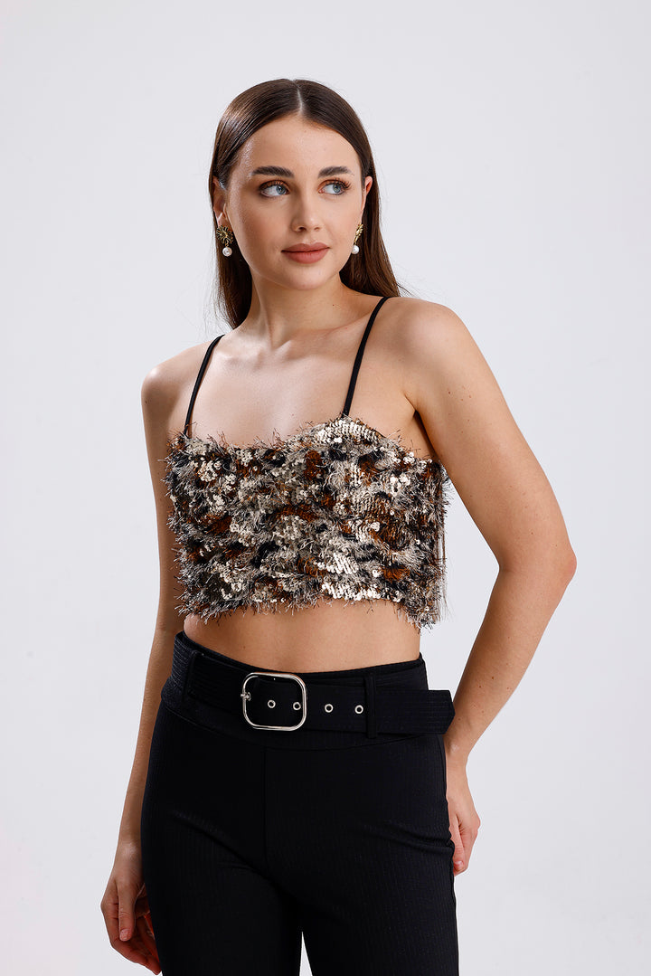 SNS Sense Gold-Coffee Back Zippered Gloplu Strapped Sequined Bustier - Tlaquepaque