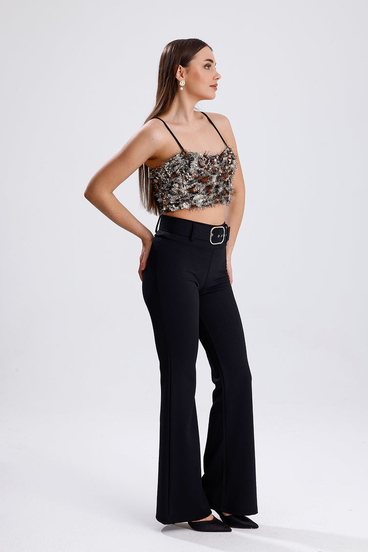 SNS Sense Gold-Coffee Back Zippered Gloplu Strapped Sequined Bustier - Tlaquepaque