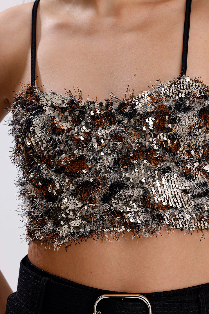 SNS Sense Gold-Coffee Back Zippered Gloplu Strapped Sequined Bustier - Tlaquepaque