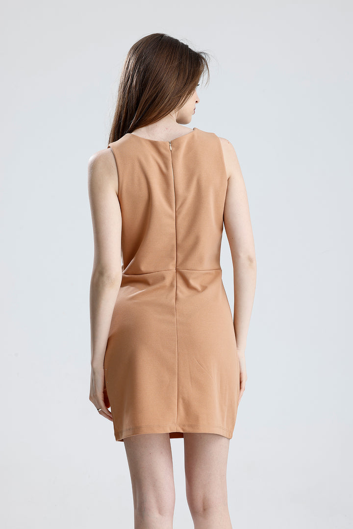 SNS Sense Beige Half-Lined Back Zippered Stoned Sleeveless Scuba Crepe Dress - Council Bluffs
