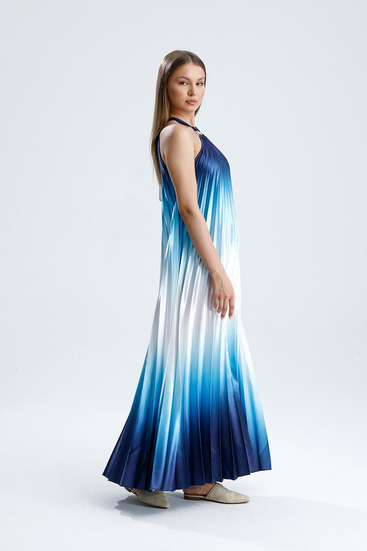 SNS Sense Blue-Blue Blue White Ombre Pleated Maxi Dress - Halter Neck, Stylish and Elegant - Kassel