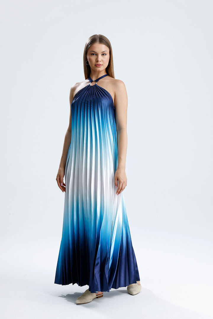 SNS Sense Blue-Blue Blue White Ombre Pleated Maxi Dress - Halter Neck, Stylish and Elegant - Kassel