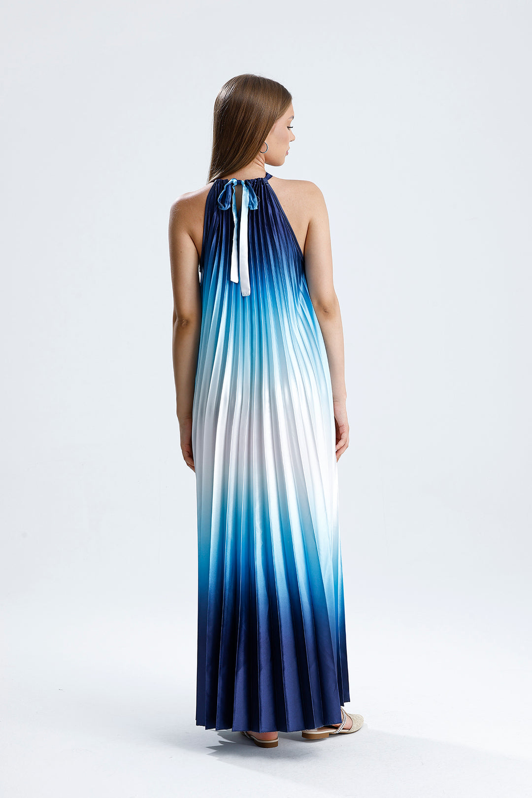 SNS Sense Blue-Blue Blue White Ombre Pleated Maxi Dress - Halter Neck, Stylish and Elegant - Kassel