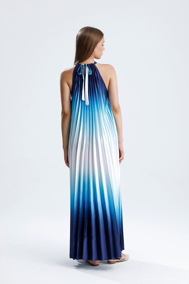 SNS Sense Blue-Blue Blue White Ombre Pleated Maxi Dress - Halter Neck, Stylish and Elegant - Kassel