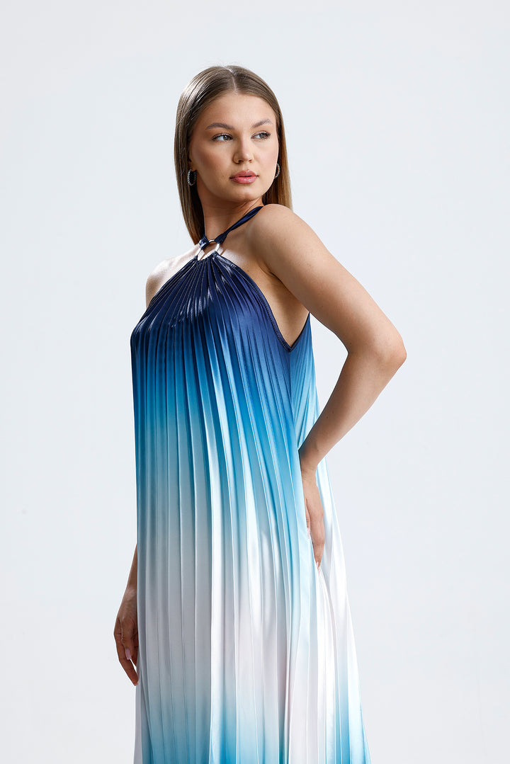 SNS Sense Blue-Blue Blue White Ombre Pleated Maxi Dress - Halter Neck, Stylish and Elegant - Kassel