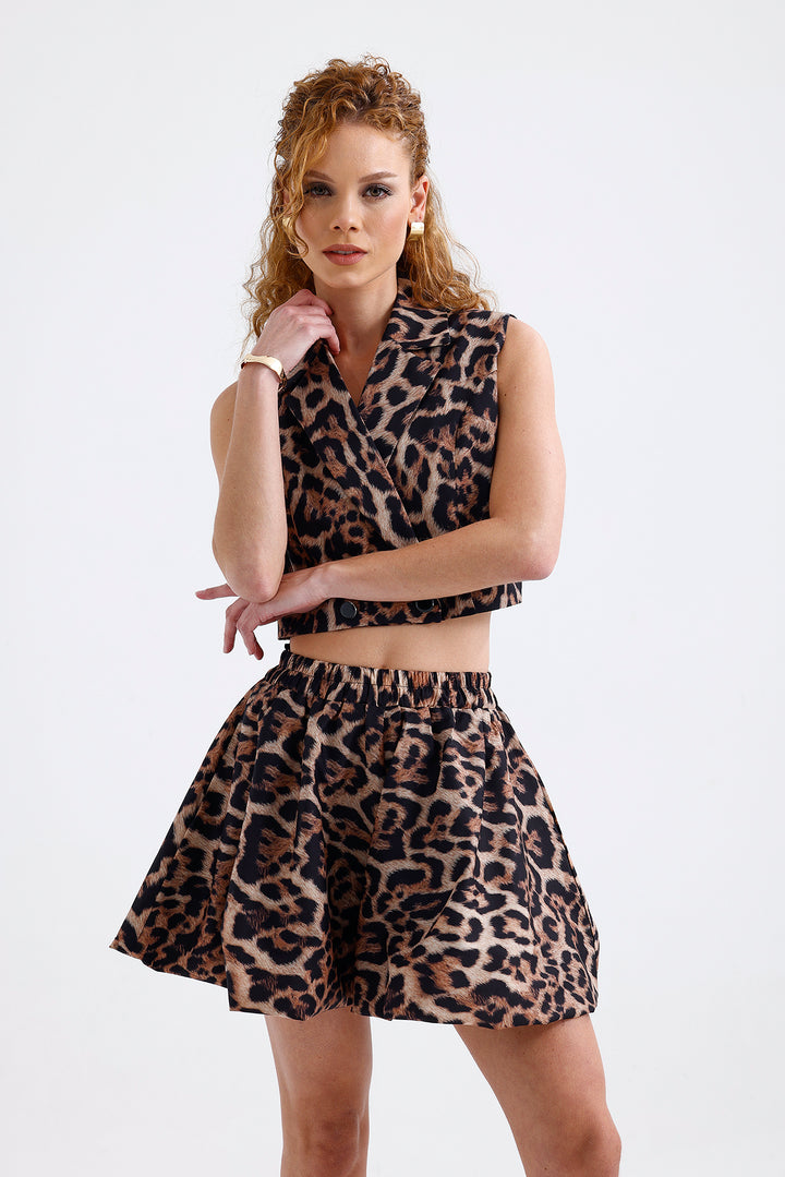SNS Sense Coffee Black Leopard Mini Skirt with Leopard Pattern Lining - Béziers
