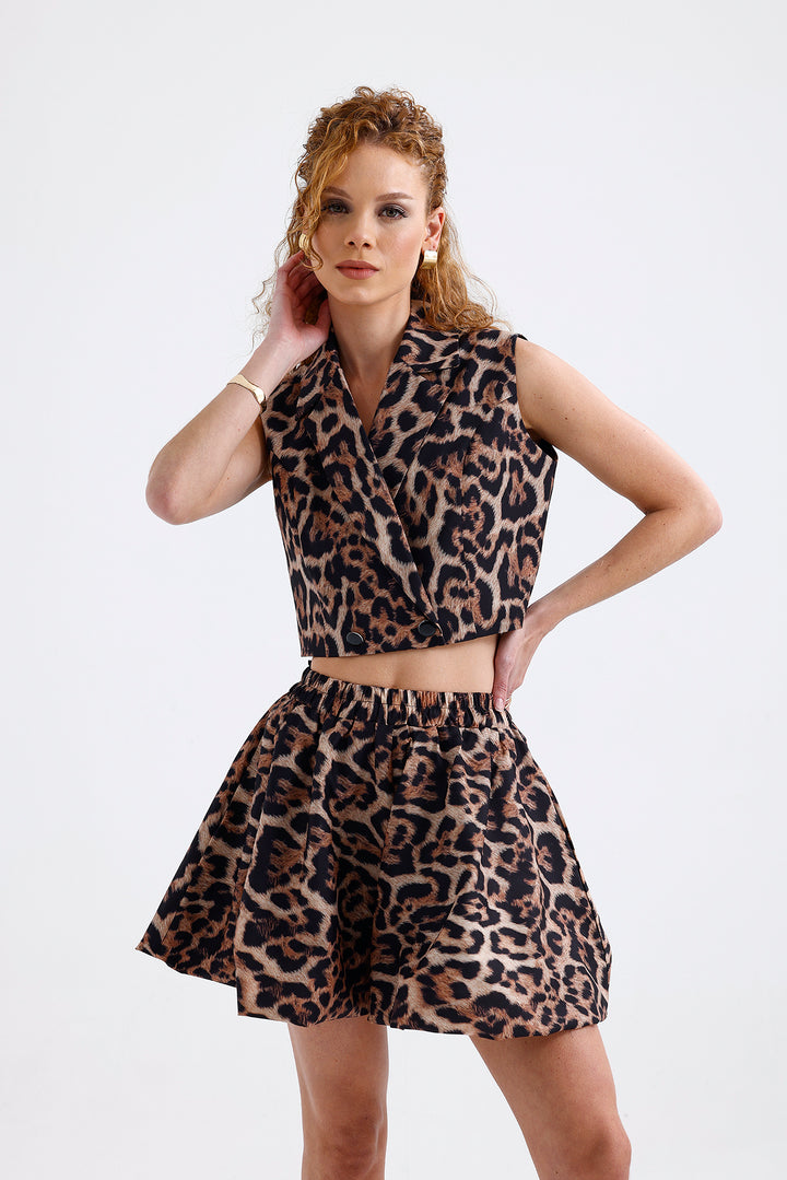 SNS Sense Coffee Black Leopard Mini Skirt with Leopard Pattern Lining - Béziers