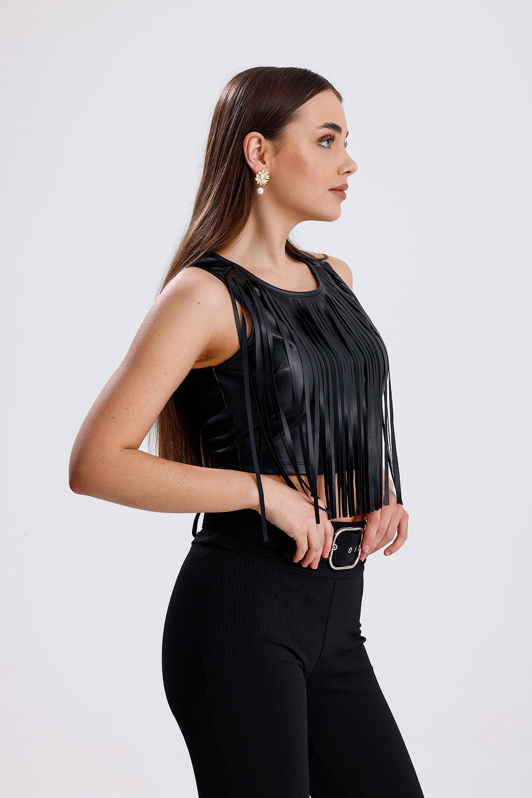 SNS Sense Black Back Zippered Fringed Faux Leather Bustier - Saint-Quentin