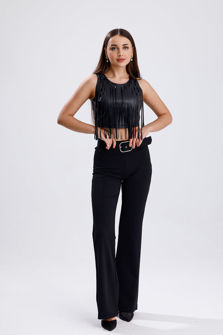 SNS Sense Black Back Zippered Fringed Faux Leather Bustier - Saint-Quentin