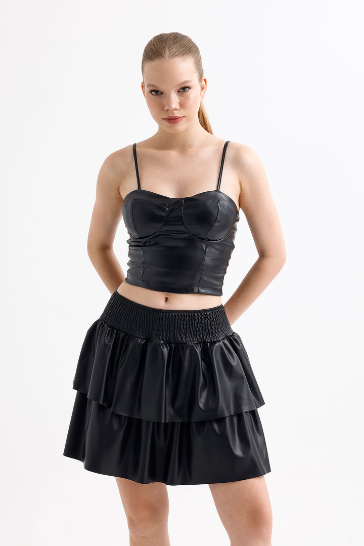 SNS Sense Black Faux Leather Look Shiny Flared Mini Skirt - Bozeman
