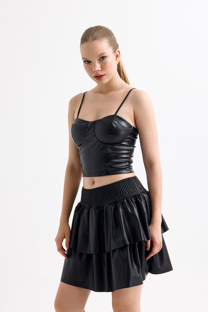 SNS Sense Black Faux Leather Look Shiny Flared Mini Skirt - Bozeman