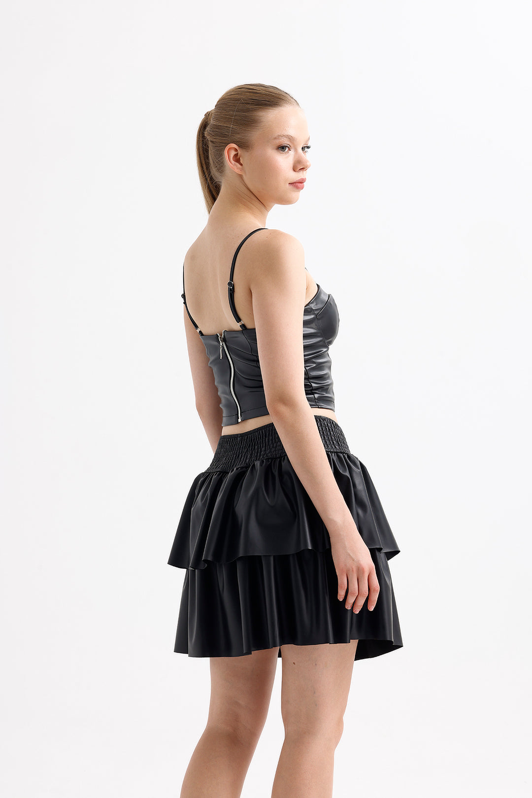 SNS Sense Black Faux Leather Look Shiny Flared Mini Skirt - Bozeman