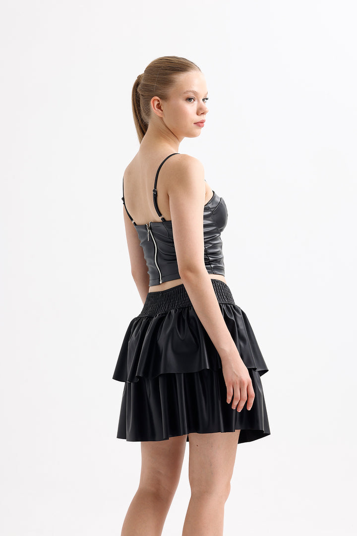 SNS Sense Black Faux Leather Look Shiny Flared Mini Skirt - Bozeman