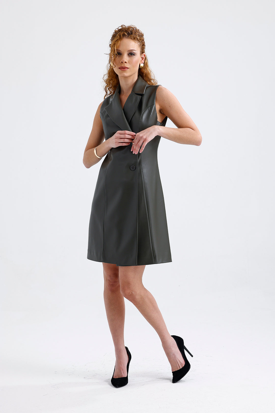 SNS Sense Hakı Faux Leather Lined Double Breasted Jacket Dress ELB35943 - Veghel