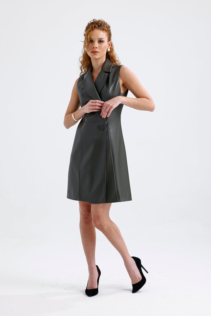 SNS Sense Hakı Faux Leather Lined Double Breasted Jacket Dress ELB35943 - Veghel
