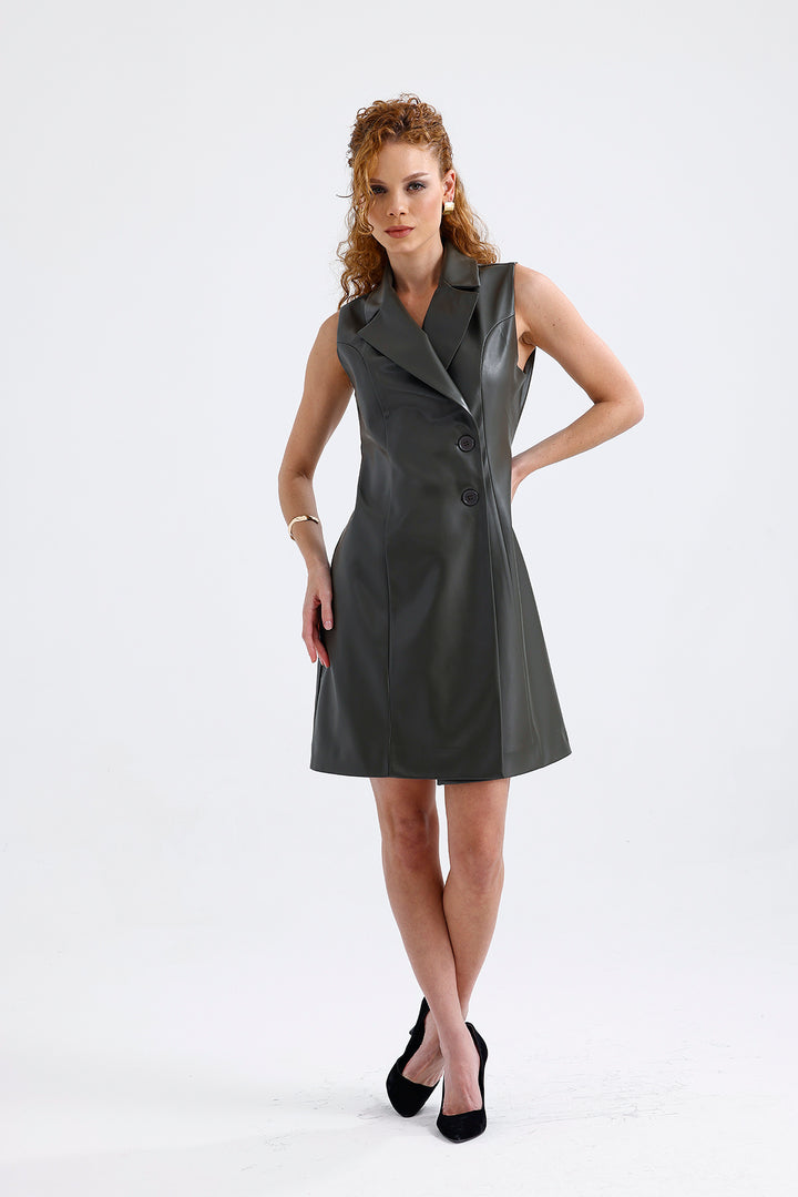 SNS Sense Hakı Faux Leather Lined Double Breasted Jacket Dress ELB35943 - Veghel