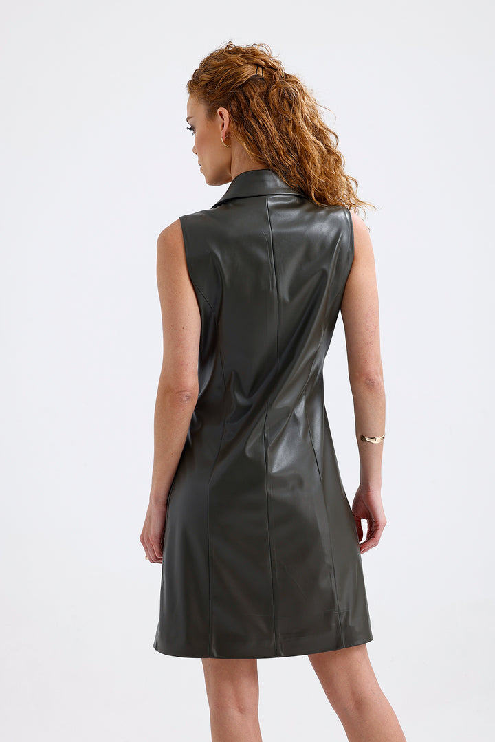 SNS Sense Hakı Faux Leather Lined Double Breasted Jacket Dress ELB35943 - Veghel