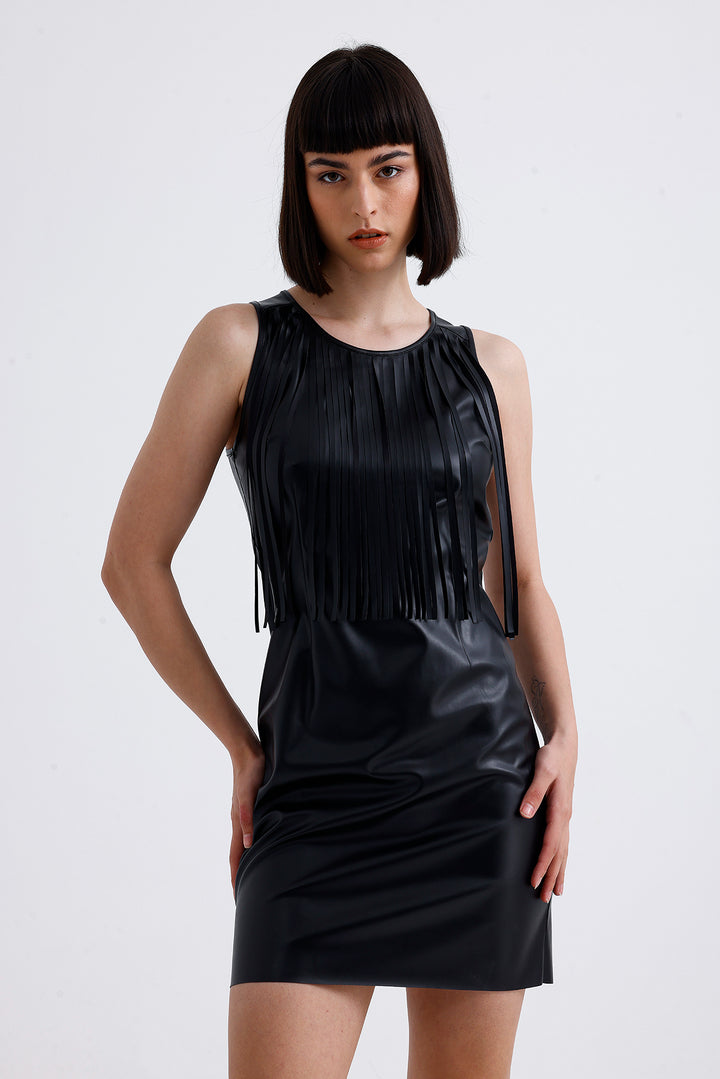 SNS Sense Black Metal Buttoned Tassel Detailed Faux Leather Mini Dress - Pantin