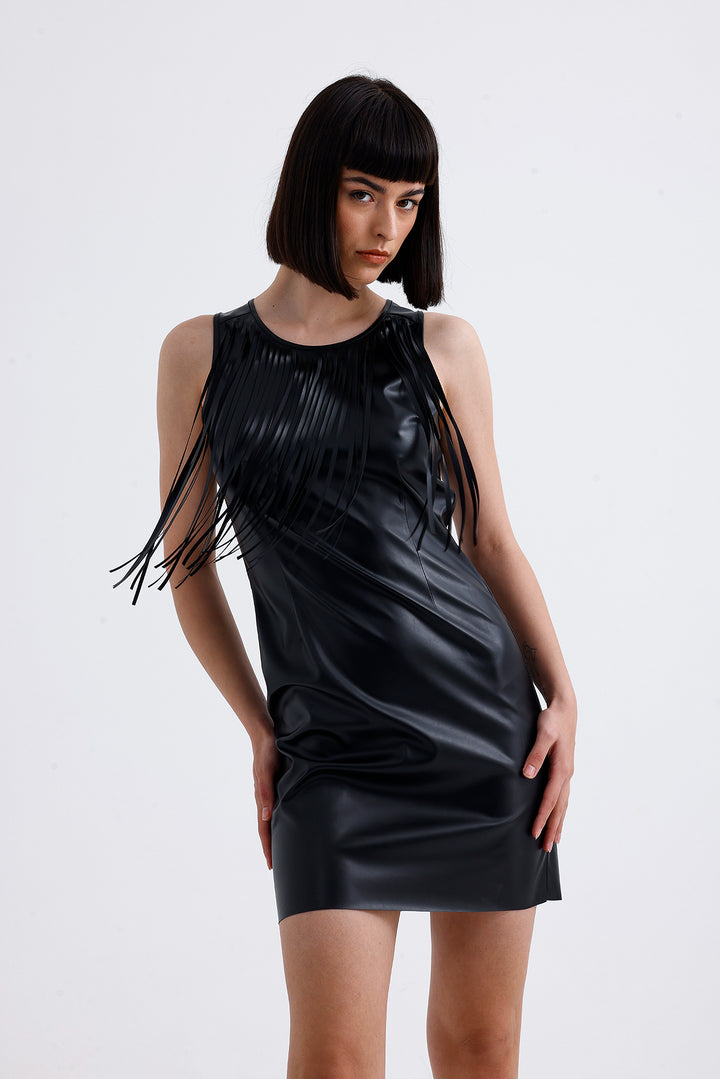 SNS Sense Black Metal Buttoned Tassel Detailed Faux Leather Mini Dress - Pantin