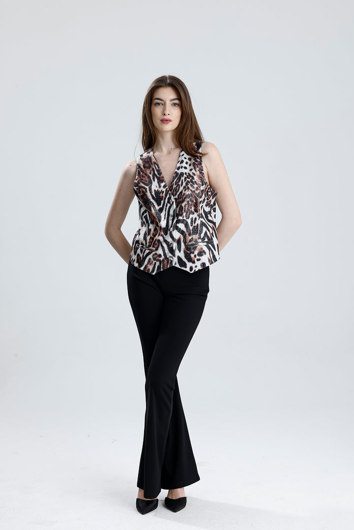 SNS Satin Leopard Filota Pocketed Sequined Long Evening Vest - Misterbianco