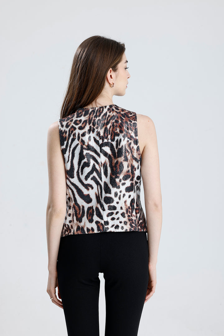 SNS Satin Leopard Filota Pocketed Sequined Long Evening Vest - Misterbianco