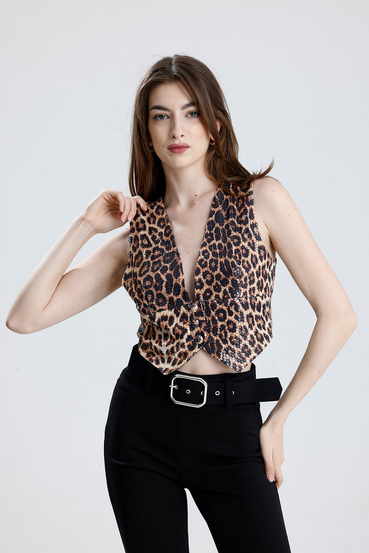 SNS Sense RED LEOPARD Lined Fabric Coated Sequin Evening Vest - Loughborough