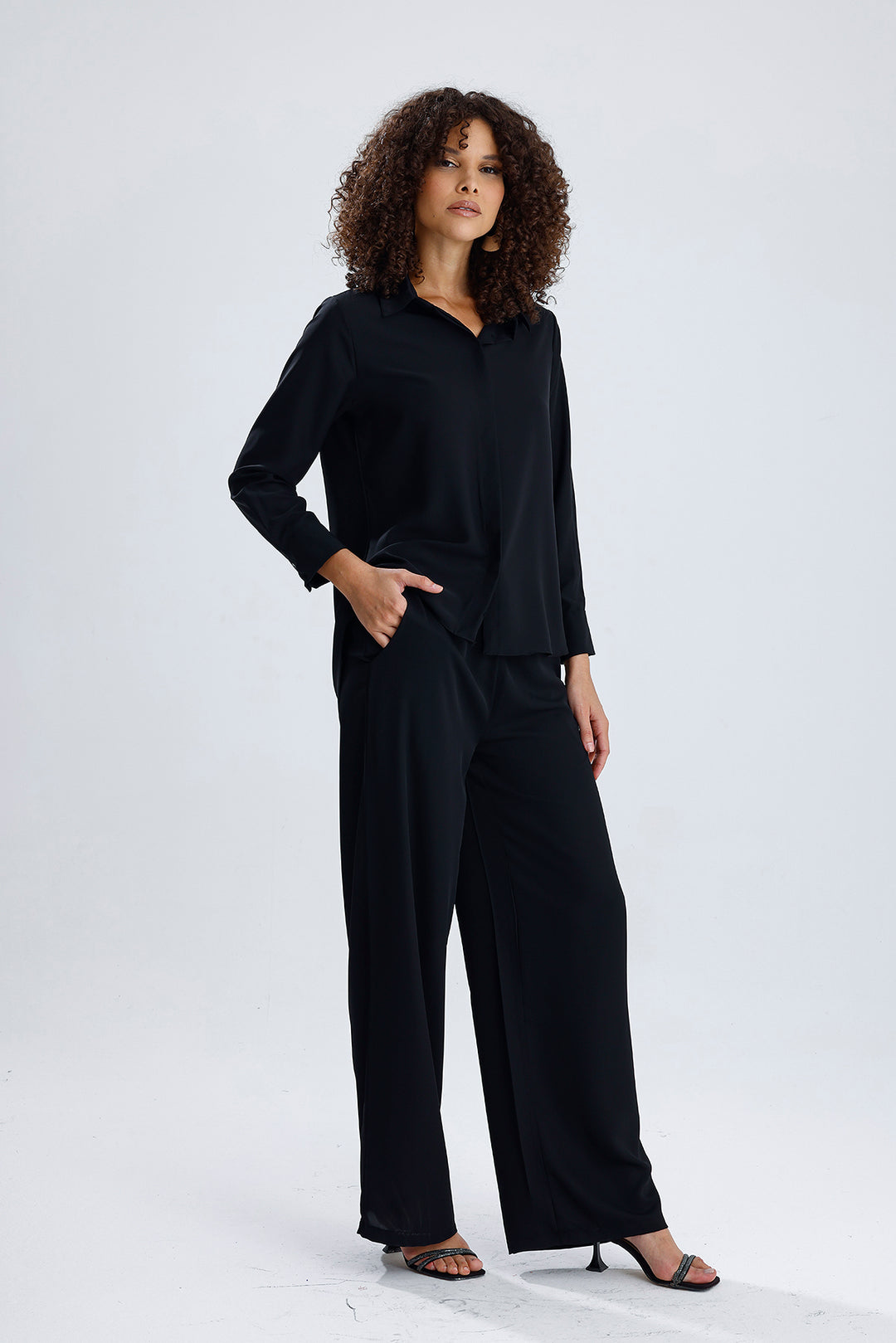 SNS Black Elastic Waist Detailed Wide Leg Duppai Pants - Pachuca
