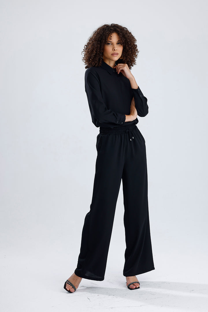 SNS Black Elastic Waist Detailed Wide Leg Duppai Pants - Pachuca