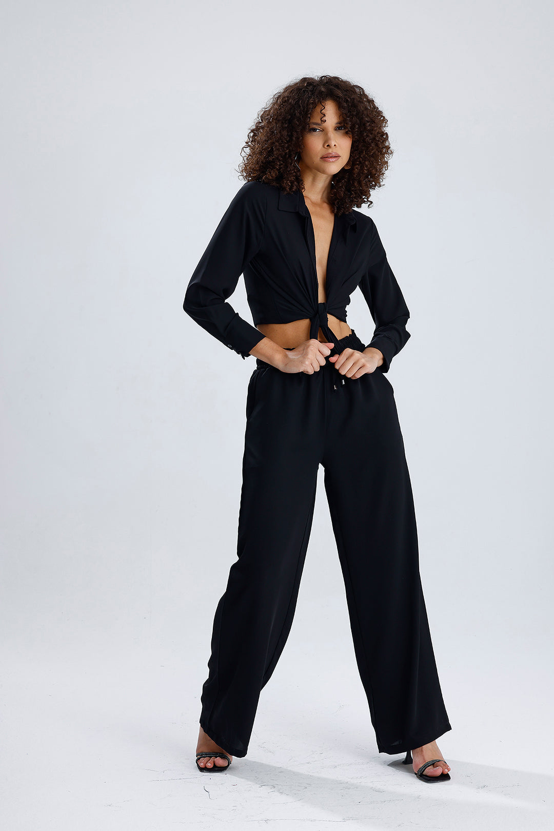 SNS Black Elastic Waist Detailed Wide Leg Duppai Pants - Pachuca
