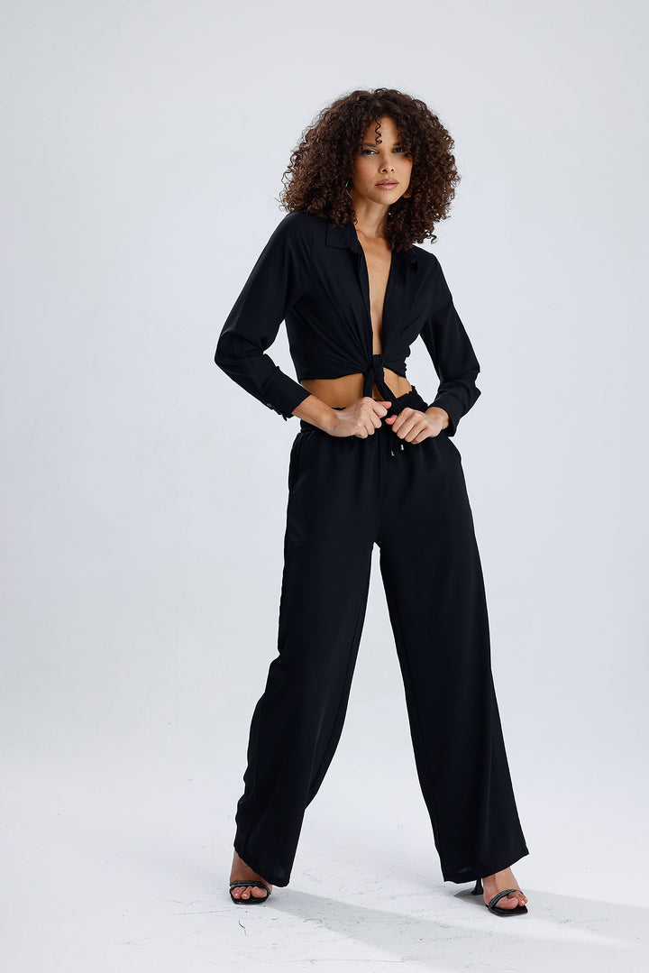 SNS Black Elastic Waist Detailed Wide Leg Duppai Pants - Pachuca