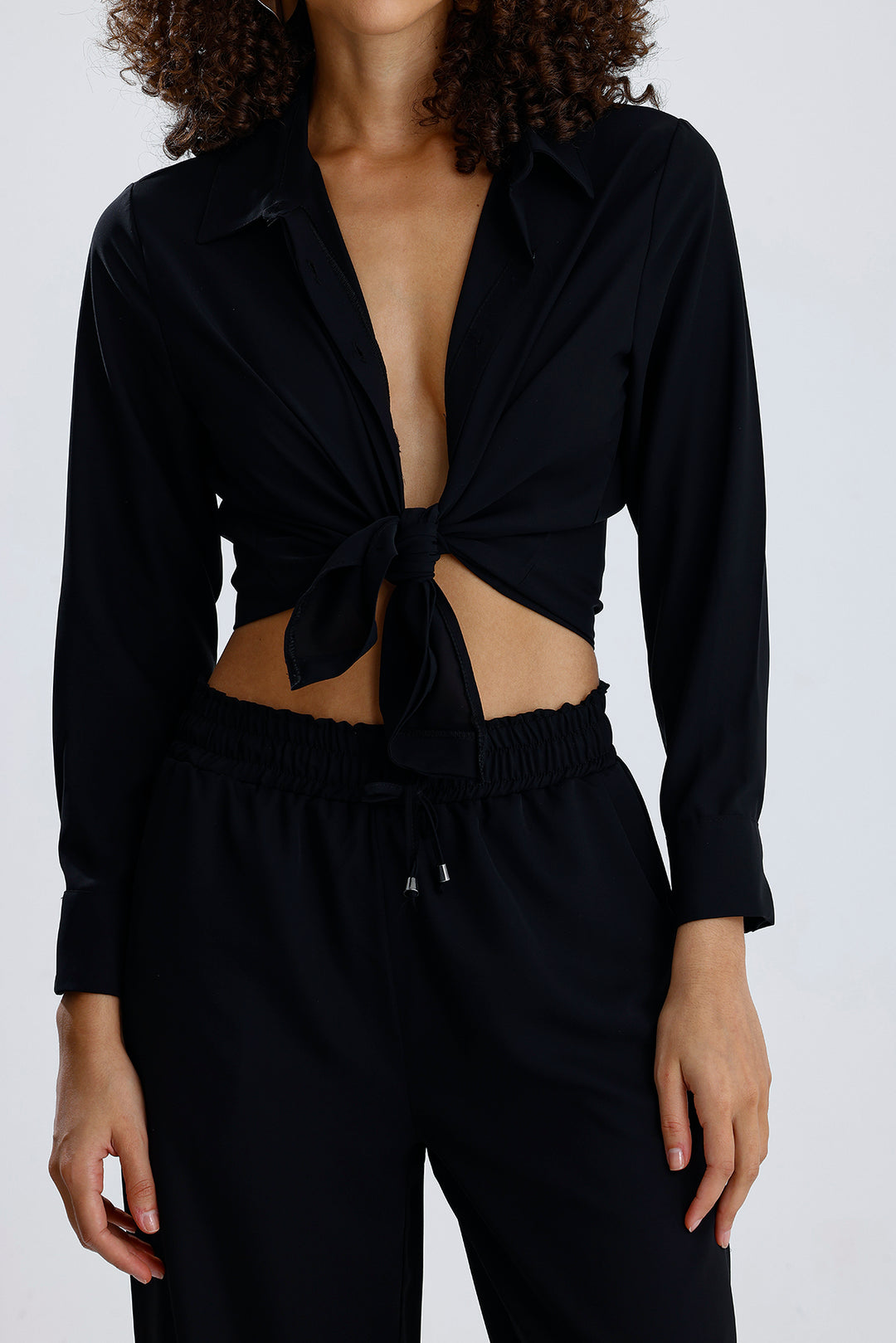 SNS Black Elastic Waist Detailed Wide Leg Duppai Pants - Pachuca