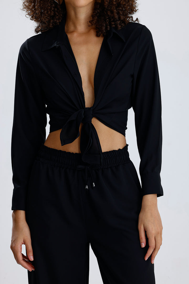 SNS Black Elastic Waist Detailed Wide Leg Duppai Pants - Pachuca
