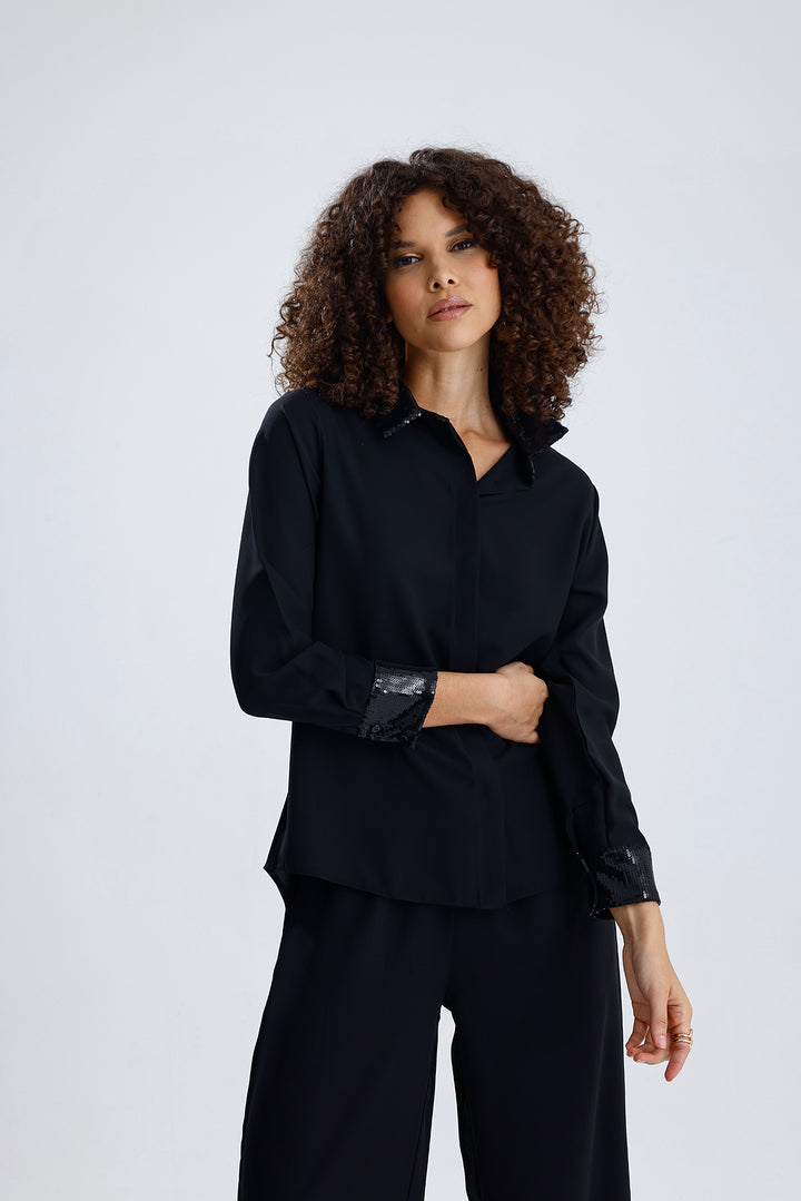 SNS Sense Black Sequined Detailed Long Sleeve Dubai Shirt Wide Size Range - The Villages