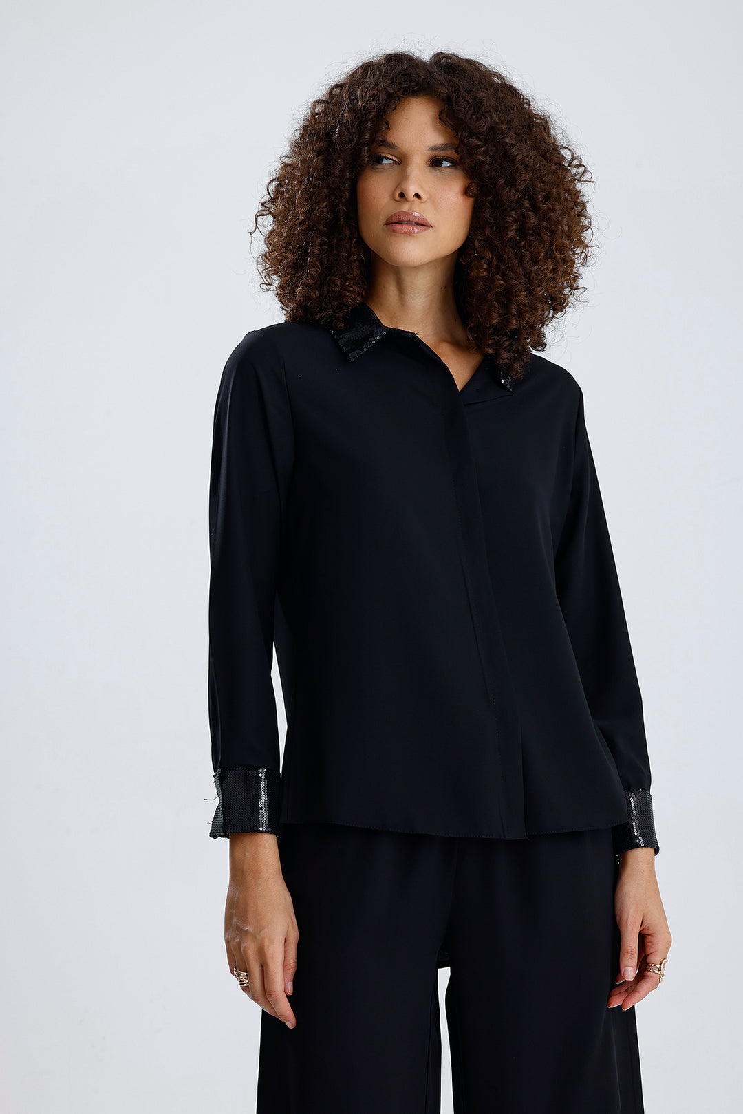 SNS Sense Black Sequined Detailed Long Sleeve Dubai Shirt Wide Size Range - The Villages