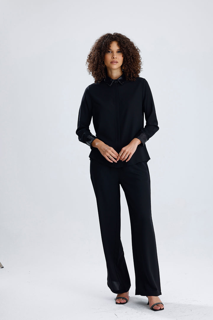 SNS Sense Black Sequined Detailed Long Sleeve Dubai Shirt Wide Size Range - The Villages