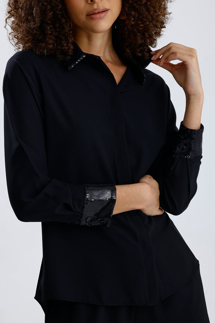 SNS Sense Black Sequined Detailed Long Sleeve Dubai Shirt Wide Size Range - The Villages