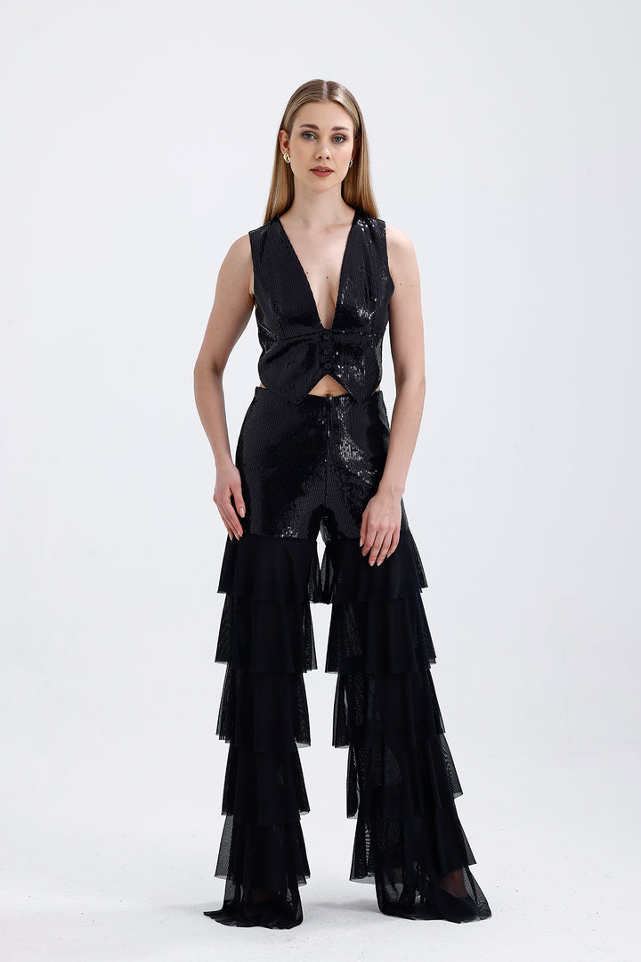 SNS Black Wholesale Women's Pants with Black Lining, Black Sparkly Sequin Embroidery, Layered Ruffles - Wedel
