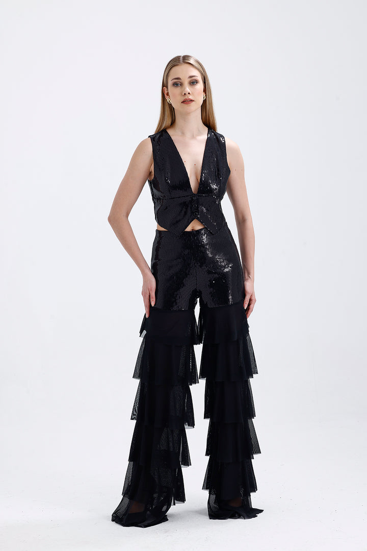 SNS Black Wholesale Women's Pants with Black Lining, Black Sparkly Sequin Embroidery, Layered Ruffles - Wedel