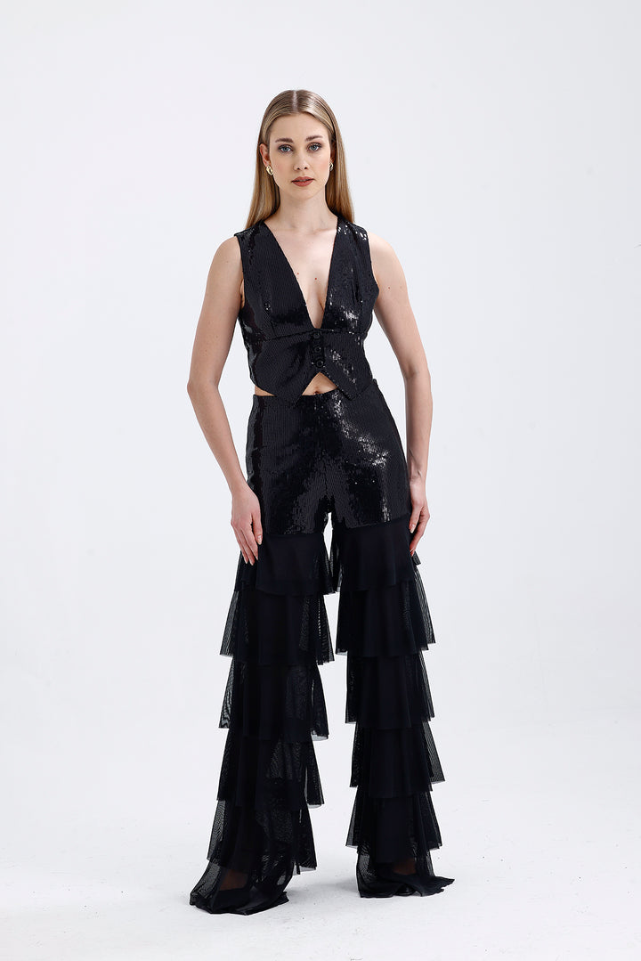 SNS Black Wholesale Women's Pants with Black Lining, Black Sparkly Sequin Embroidery, Layered Ruffles - Wedel
