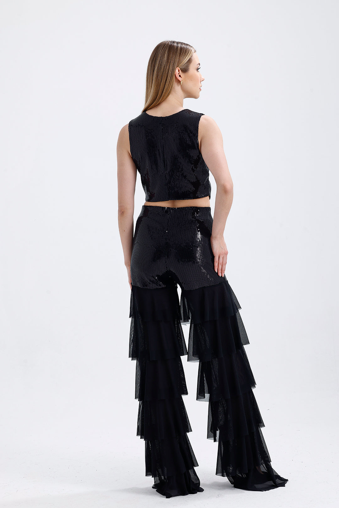 SNS Black Wholesale Women's Pants with Black Lining, Black Sparkly Sequin Embroidery, Layered Ruffles - Wedel