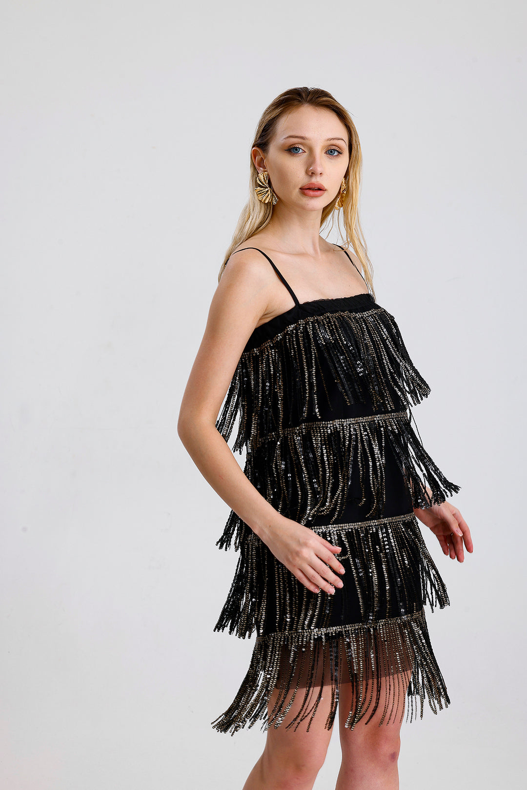 SNS Black-Gold Embroidered Tulle Dress with Sequin Detail - Bell Gardens