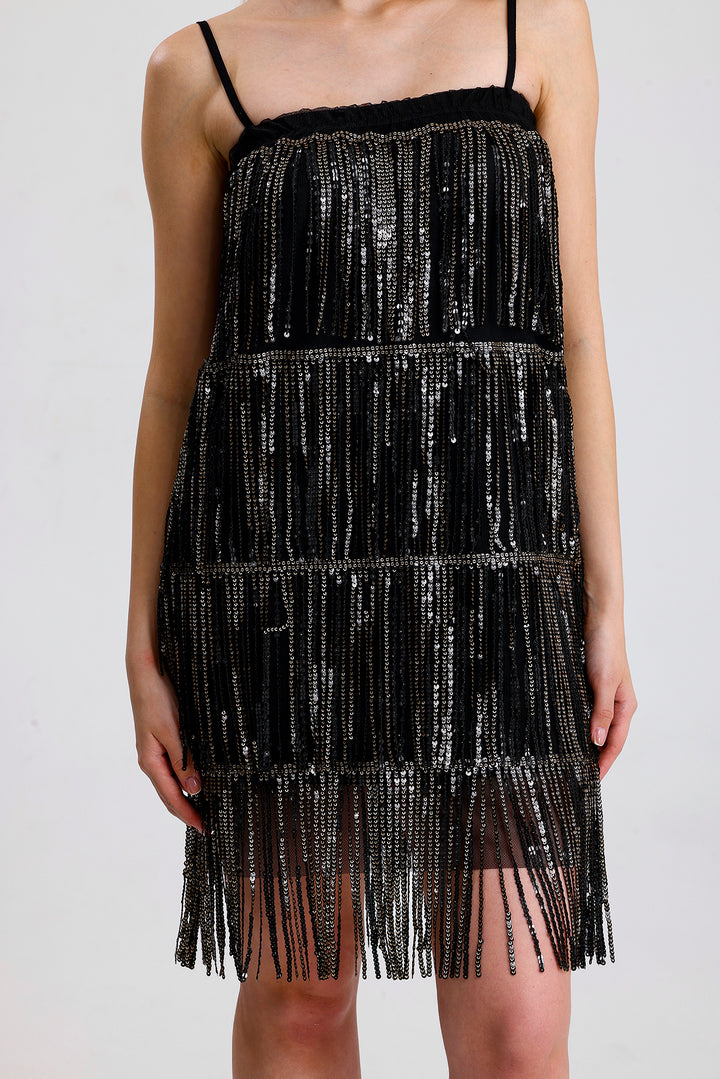 SNS Black-Gold Embroidered Tulle Dress with Sequin Detail - Bell Gardens