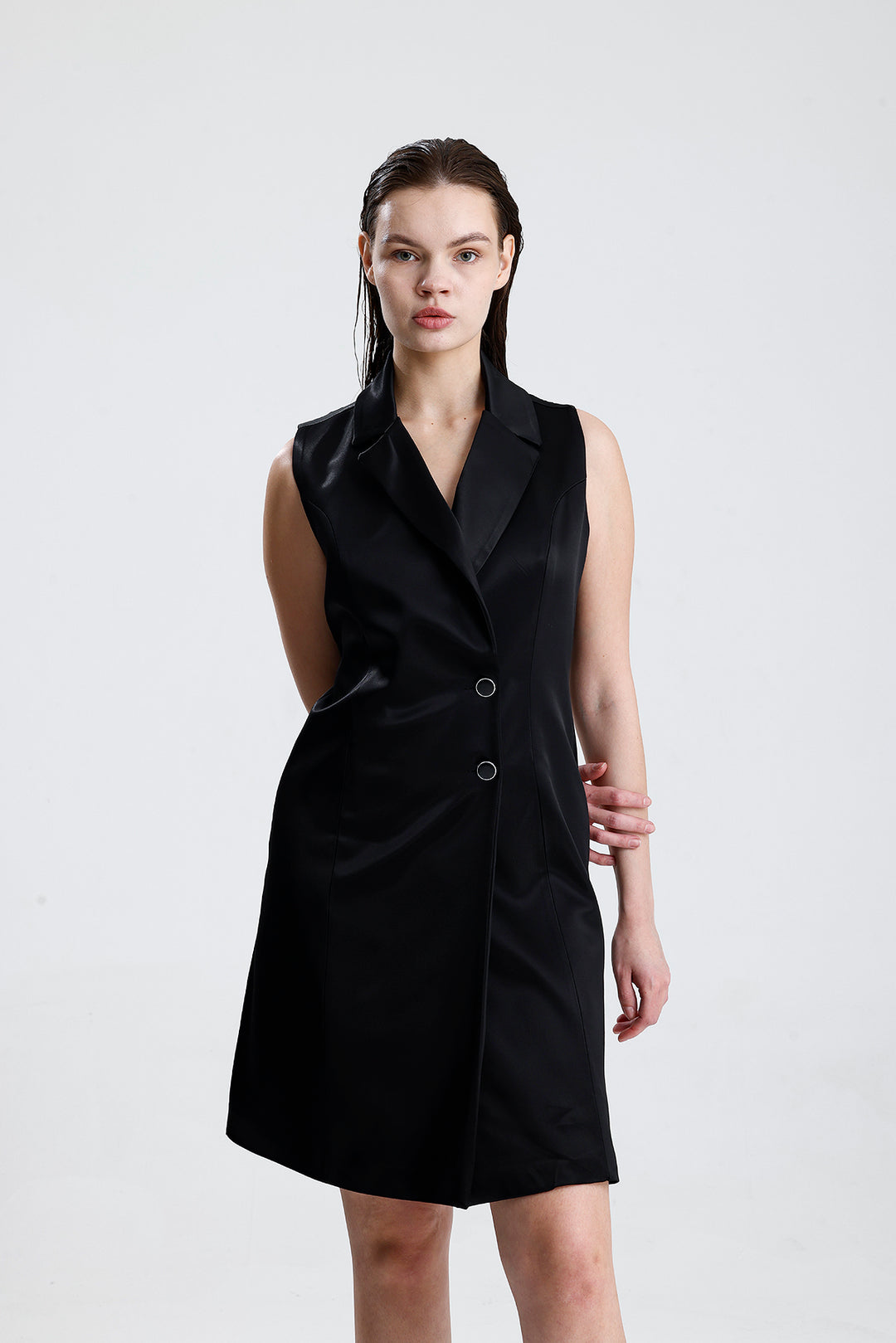 SNS Sense Siyah İçi Astarlı Kolsuz Saten  Ceket Elbise  - Battipaglia