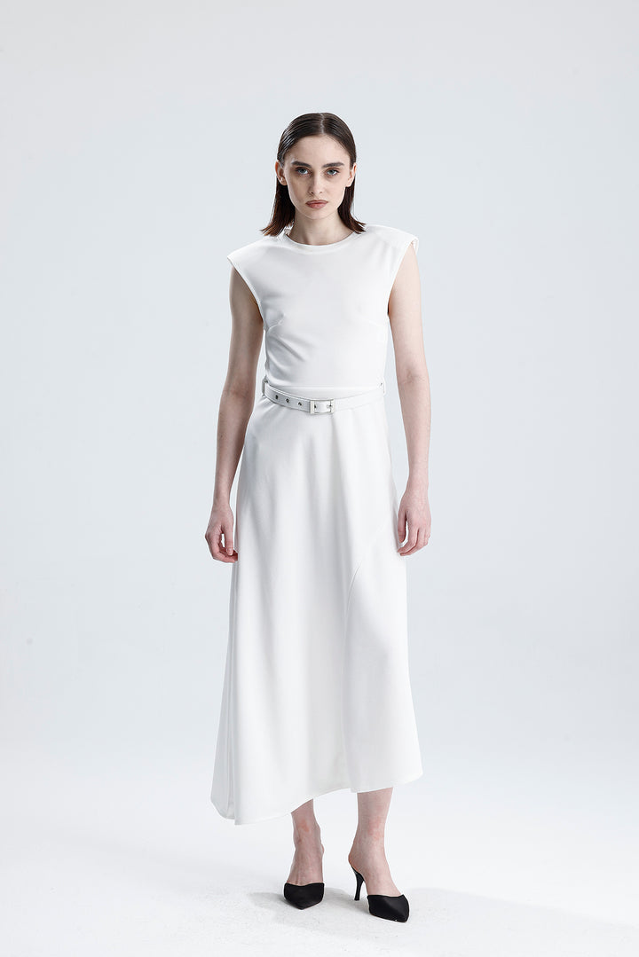 SNS Sense White Belted Sleeveless Long Dress with Shoulder Detail - Altamira