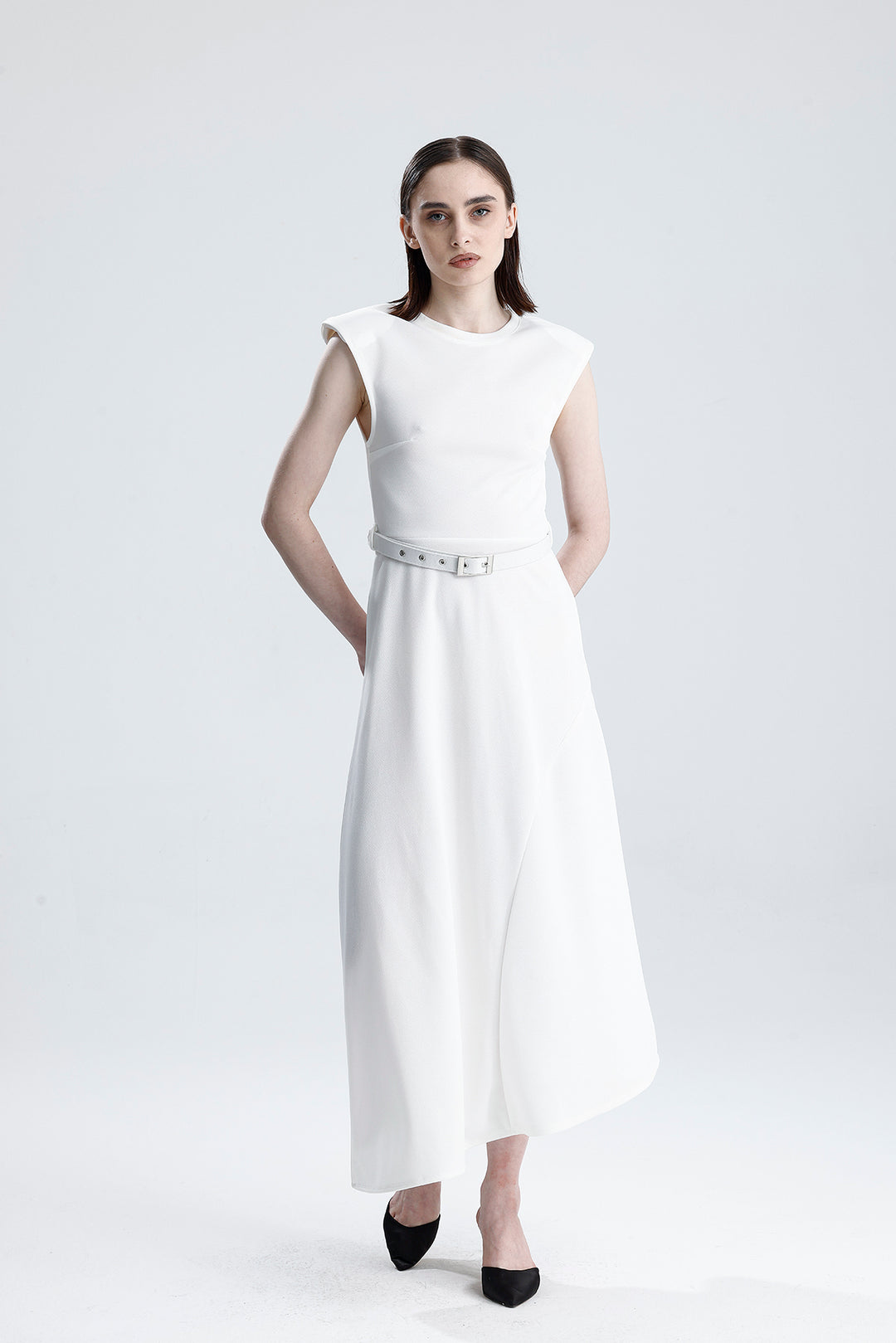 SNS Sense White Belted Sleeveless Long Dress with Shoulder Detail - Altamira