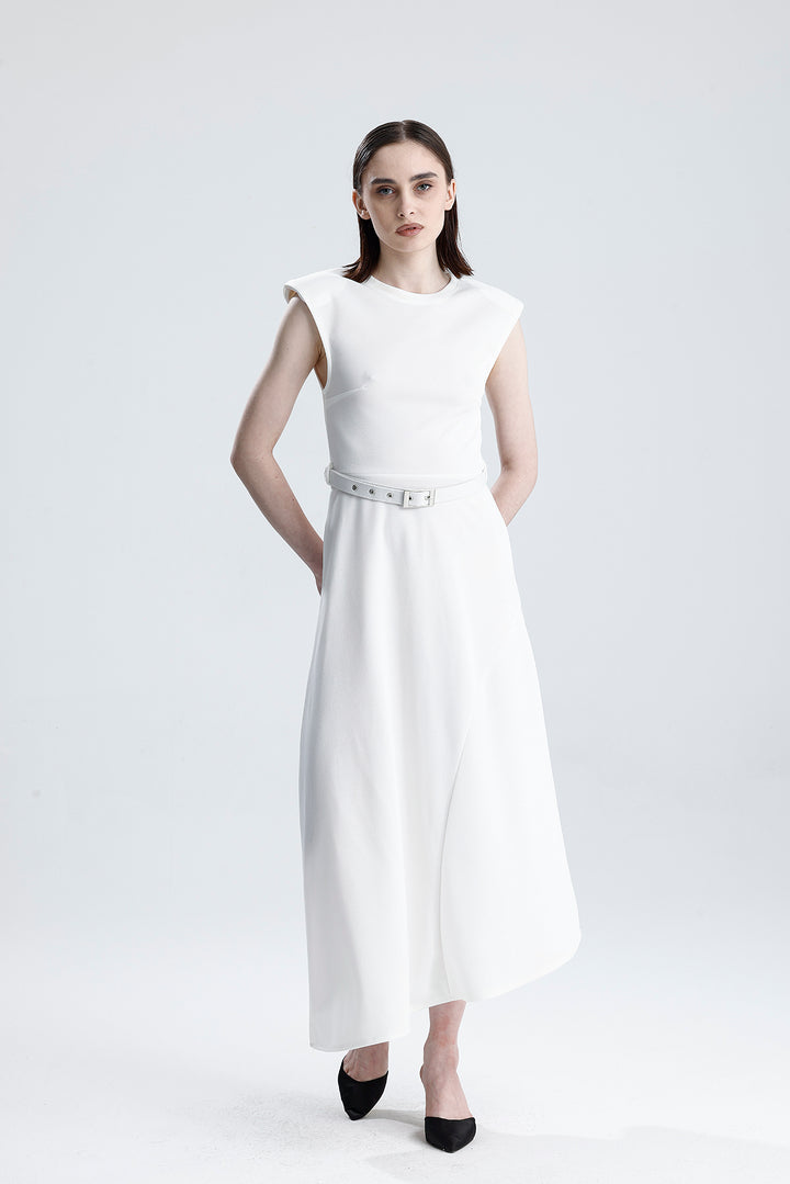 SNS Sense White Belted Sleeveless Long Dress with Shoulder Detail - Altamira