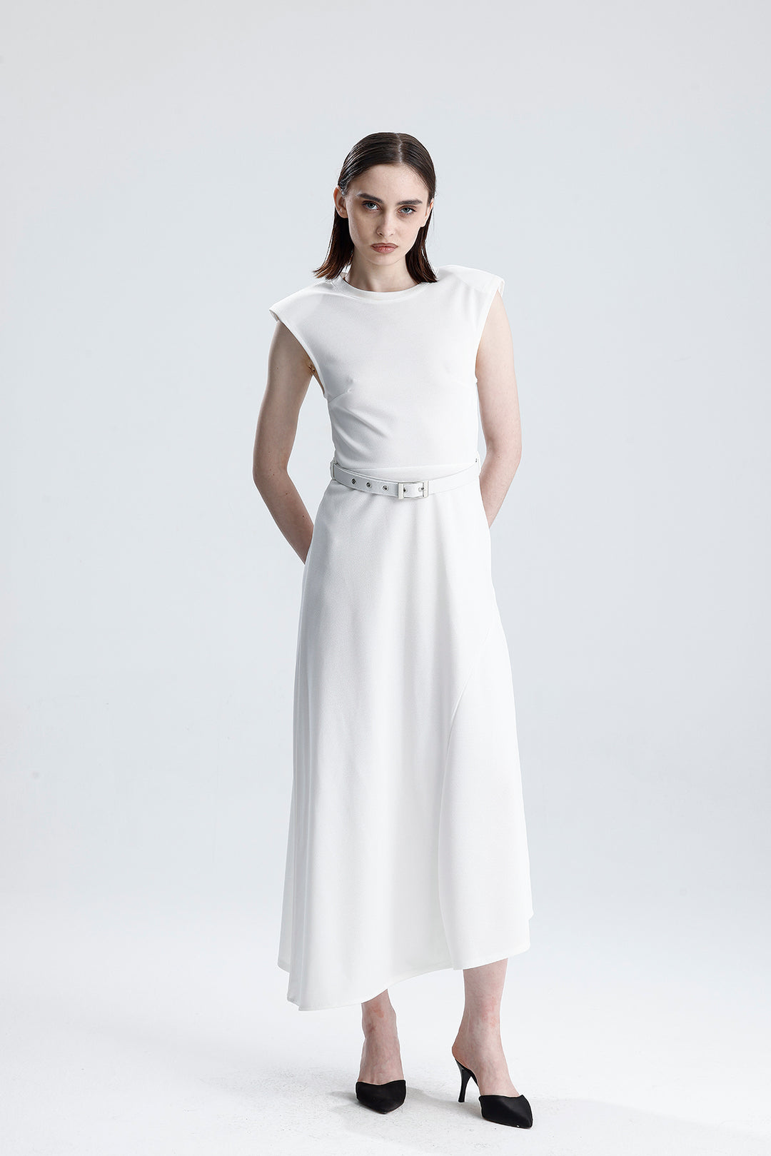 SNS Sense White Belted Sleeveless Long Dress with Shoulder Detail - Altamira