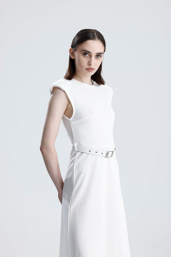 SNS Sense White Belted Sleeveless Long Dress with Shoulder Detail - Altamira