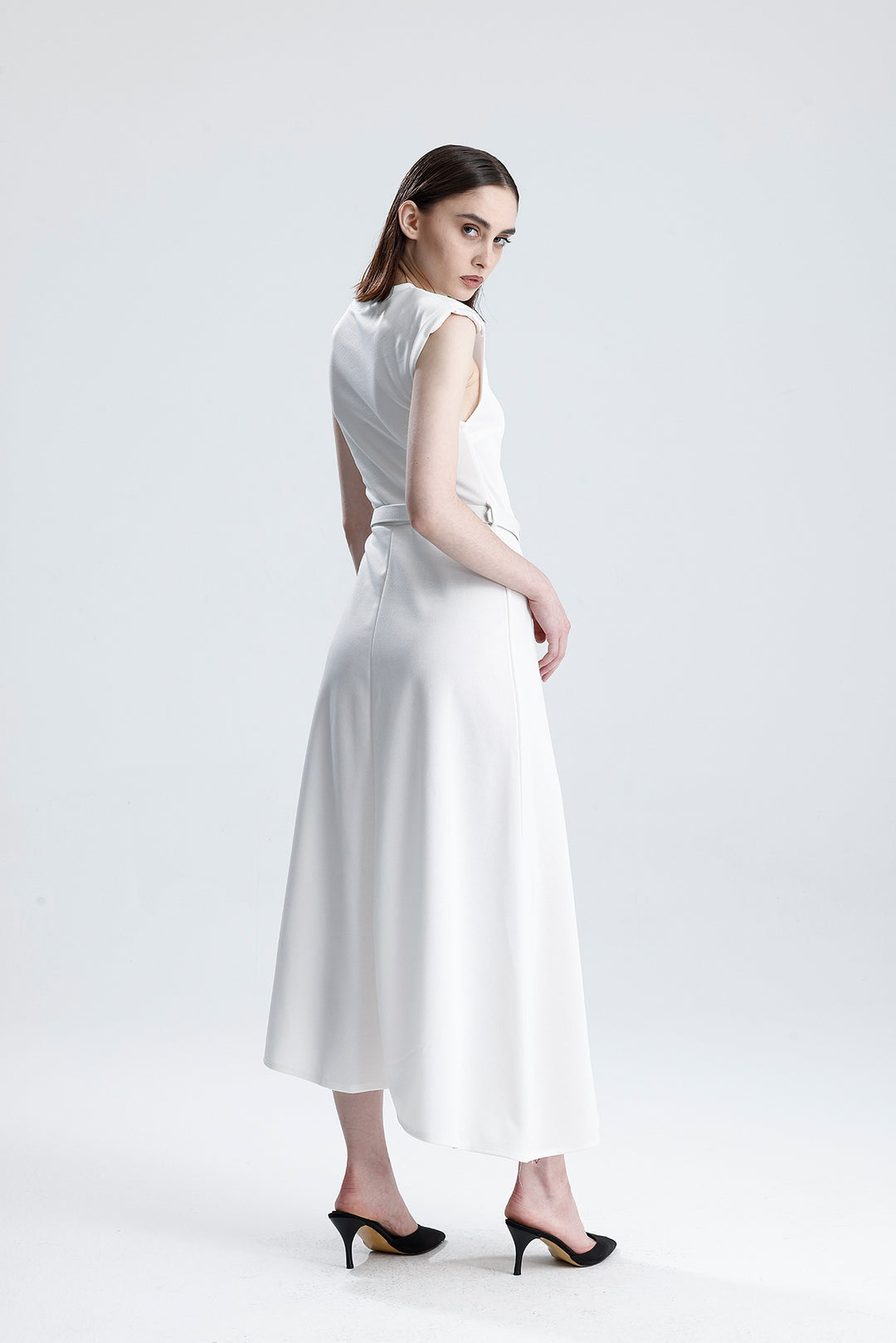 SNS Sense White Belted Sleeveless Long Dress with Shoulder Detail - Altamira